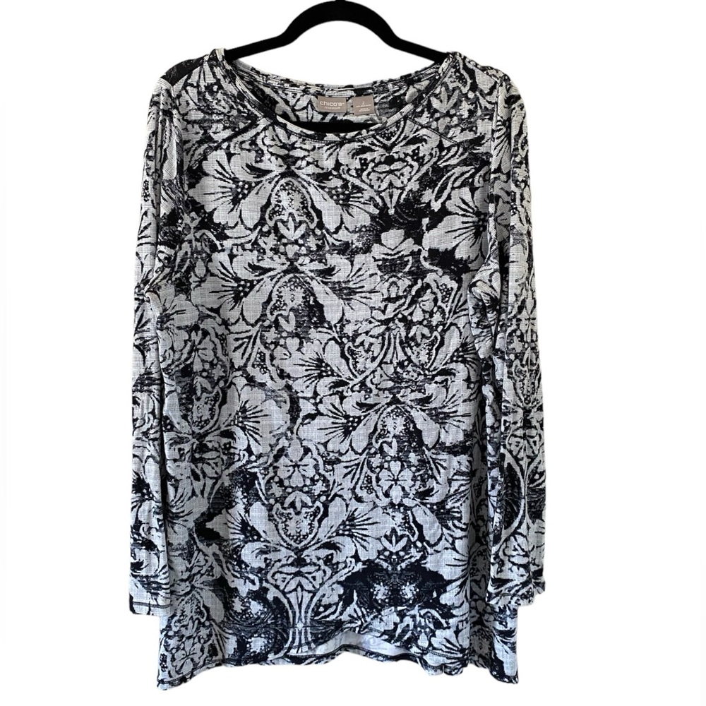 Chico’s Women’s Black & White Floral Tunic long sleeve shirt size 2
